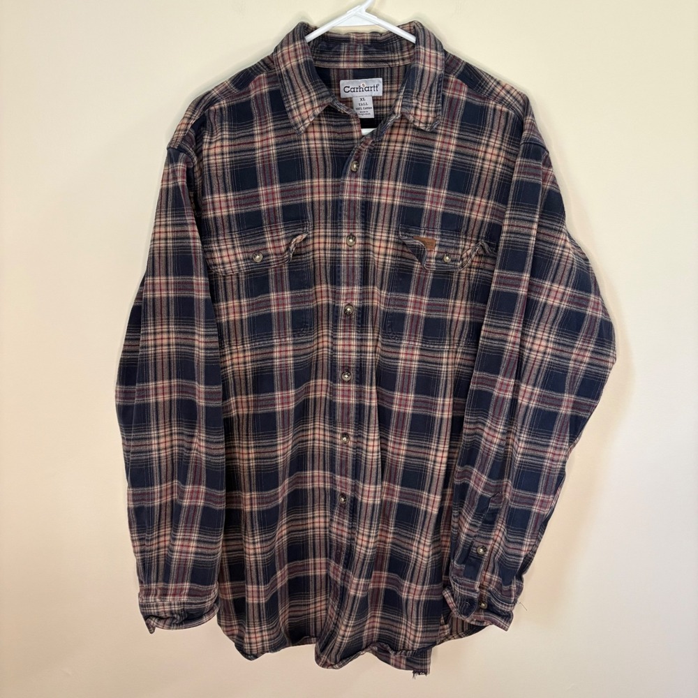 Vintage Carhartt Flannel Shirt Mens XL Tall Blue Plaid Long Sleeve Workwear 2000